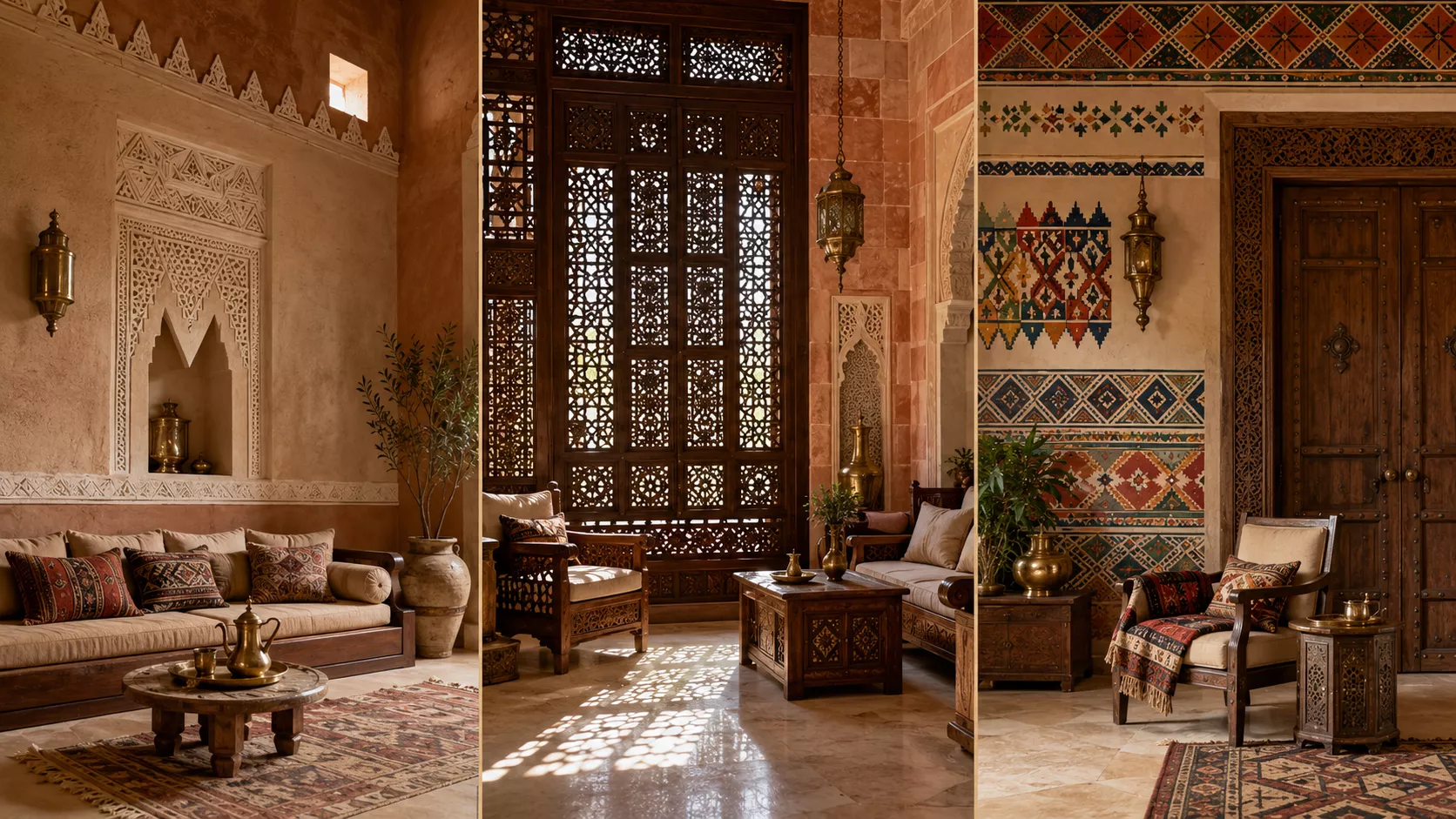 لوحة ثلاثية تعرض الطراز النجدي والروشان الحجازي والقط العسيري بألوان تراثية طبقات الطراز السعودي بين نجد والحجاز وعسير في الديكور